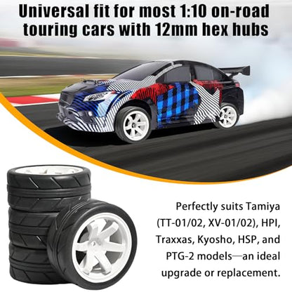 OD 2.55" On Road Rubber Tires Plastic Wheel Rims 12mm Hex for 1/10 RC Car | Compatible with MJX HSP Tamiya HPI Kyosho Traxxas Sakura Redcat WLtoys 1/10 RC On-Road Racing Touring Car (4pcs, White) - style: F-White