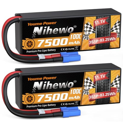 3S Lipo Battery 7500mAh 11.1V 100C Hardcase EC5 for RC Car Boat 2pcs | 11.1V RC Battery Hard Case Protects Cells from Impacts, 7500mAh Extended Runtime, for 1/7 1/8 RC Car Truck Truggy Boat Drone - style: 2x 11.1V 7500mAh