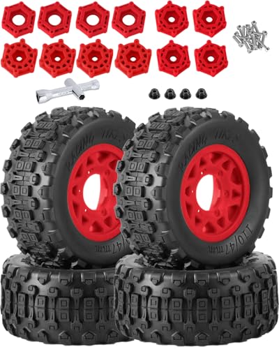 RC Truck Tires RC Wheels and Tires,12mm/14mm/17mm Hex RC Tires for 1/10 Slash 4×4 2WD,Arrm a Senton,Axia1 Red cat Rc 4wd,Off-Road Tire w/RC Wheels Hex,Red - color: Red(4pcs)