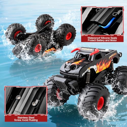 Waterproof Monster Truck Remote Control Car, 1:16 Bigger Amphibious RC Cars Toys, Long Battery 4WD All Terrain Off-Road Vehicle for 6 7 8 9 10 11 12+ Boys Girls Kids Ideal Birthday