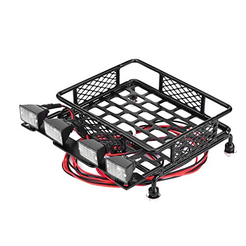 RC Car Roof Rack, Small Size Roof Rack Luggage Carrier with 4 Quadrate LED Lights for Axial SCX10 1/10 Remote Control Crawler Car(4 White Light Color)