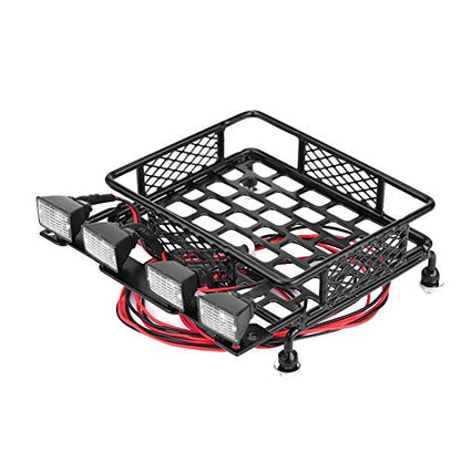 RC Car Roof Rack, Small Size Roof Rack Luggage Carrier with 4 Quadrate LED Lights for Axial SCX10 1/10 Remote Control Crawler Car(4 White Light Color)