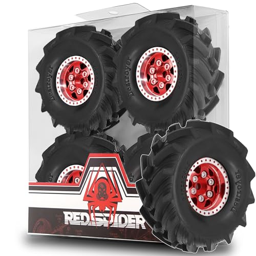 REDSPIDER 1.0 Beadlock Wheels and MUD Tires Set for 1/24 1/18 RC Crawler Car SCX24 TRX4M FCX24M FCX18 TRX4M UTB18 (Red) - color: Red