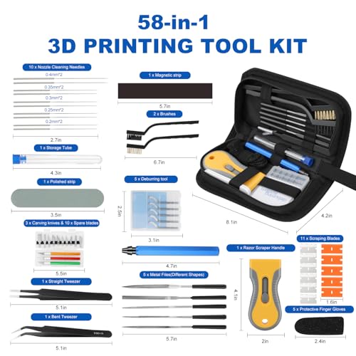 3D Printer Tools Kit - 58PCS 3D Printer Accessories 3D Printing Tool Kit with Nozzle Cleaning Kit, Deburring Tool, Scraper, Files, Carving Knife, Tweezers – 3D Print Tools for FDM/SLA/Bambu lab - style: 58pcs 3D Printing Tool Kit with Deburring Tool