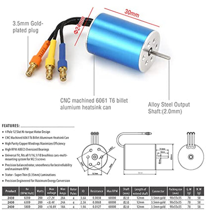 KingVal Replacement 2430 8200KV Waterproof Sensorless Brushless Motor Shaft 2mm with 25A Brushless ESC Combo for 1/16 1/18 RC Car - size: 8200KV+25A