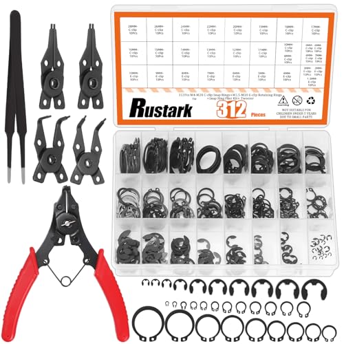 312Pcs 4 in 1 Snap Ring Pliers with M1.5-M10 Black E-Clip Circlip Retaining Rings Assortment Kit and M4-M28 C-Clip External Snap Rings Assortment Kit with Tweezers
