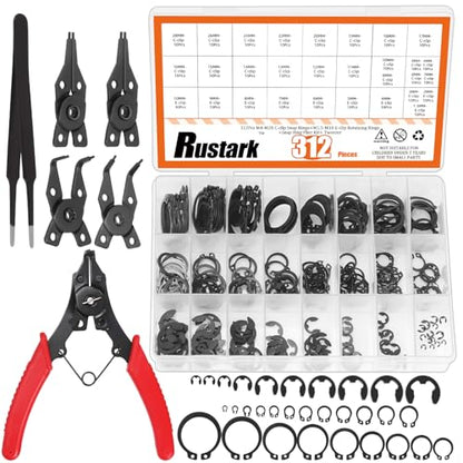312Pcs 4 in 1 Snap Ring Pliers with M1.5-M10 Black E-Clip Circlip Retaining Rings Assortment Kit and M4-M28 C-Clip External Snap Rings Assortment Kit with Tweezers
