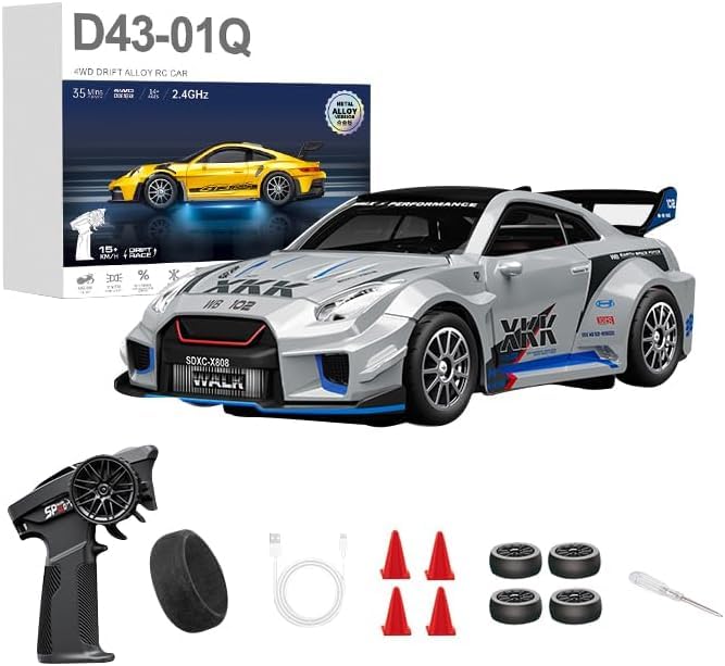 1:43 RC Drift Car 20KM/H with Gyro, 2.4G 4WD Full Proportional Alloy Sport Racing Car, Adjustable Speed, LED Lighting for Teens & Adults-D43-02 - color: Q2/Mecha War Silver