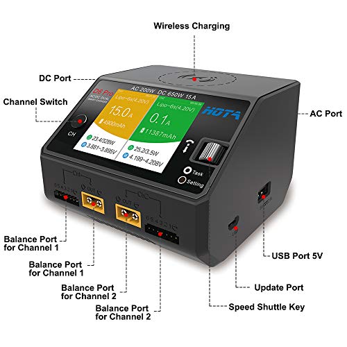 HOTA D6 Pro Lipo Balance Charger Powerful Duo Smart Charger/Discharger Dual Channel AC200W 100-240V DC650W 15A for Lipo LiIon LiHV NiMH Battery with IPS Screen(Black Color)