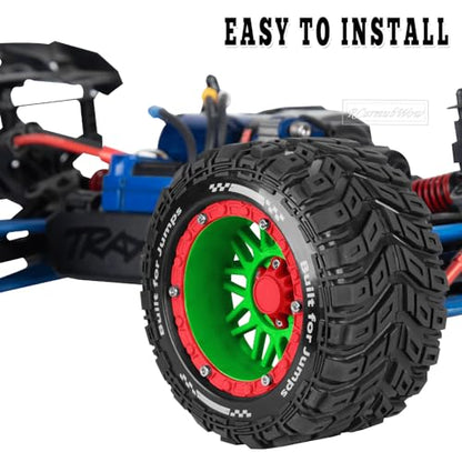 RC Wheels and Tires for 1/16 Scale,RCarmubWow Plastic Rim Rubber Tires for 1/16 Summit E-Revo Gorgon Grom,Mini Kraton 3S, M-J-X16207-16210, H-B-X16889 16890,S-C-Y16101-16106 RC Truck,Green&Red - color: Green W/Red(4pcs)