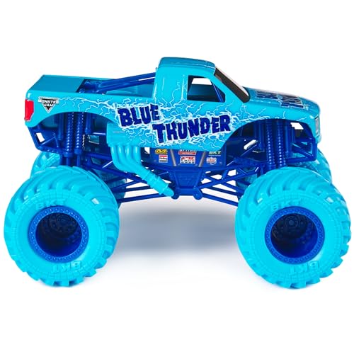 Monster Jam Blue Thunder Monster Truck- New 2024 Aqua Color Scheme - 1:24 Scale Die-Cast Vehicle-Chrome Rims and BKT Tread Tires for Use in All Playsets-Collectible for Fans & Birthday Parties