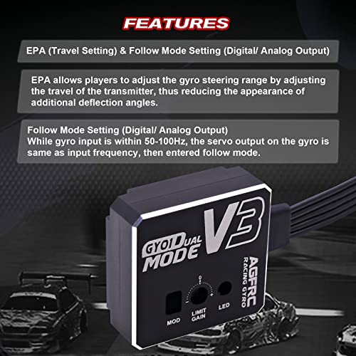 AGFRC Dual-Gain RC Drift Gyro with Aluminum Case (GY01 V3) | Dual Gain Modes: Normal & AVCS, 10g, 3.7-8.4V, EPA Setting, SBUS2/PWM/Sanwa SSR/SHR Compatible, PID Control