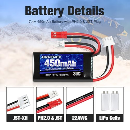 7.4V Lipo 2S 30C 450mAh Rechargeable Lipo with JST & PH2.0 Plug SCX24 with 1to2 USB Charger Fit for Most 1/10, 1/16, 1/18, 1/24 Scale RC Car Truck and RC Drone Airplane