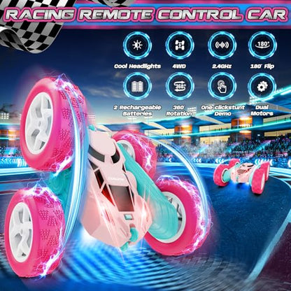 cosone Pink Remote Control Car for Girls | 2.4GHz RC Stunt Car, 360° Spins & Double Sided Driving, LED Lights, USB-C Rechargeable, One-Click Demo - color: Pink Pro