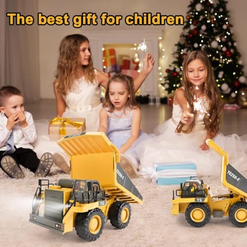 KidsFaves RC Dump Truck, 9CH Remote Control Dump Truck with Metal Dump Bed, 45° Lifting & 360° Rotation, 2 Batteries, Lights & Sounds, Construction Toy for Boys Age 3+ - style: dump truck