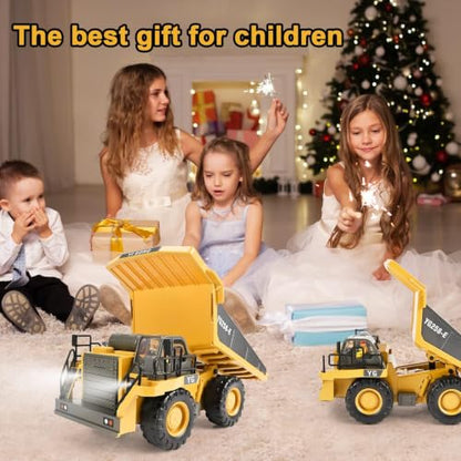 KidsFaves RC Dump Truck, 9CH Remote Control Dump Truck with Metal Dump Bed, 45° Lifting & 360° Rotation, 2 Batteries, Lights & Sounds, Construction Toy for Boys Age 3+ - style: dump truck