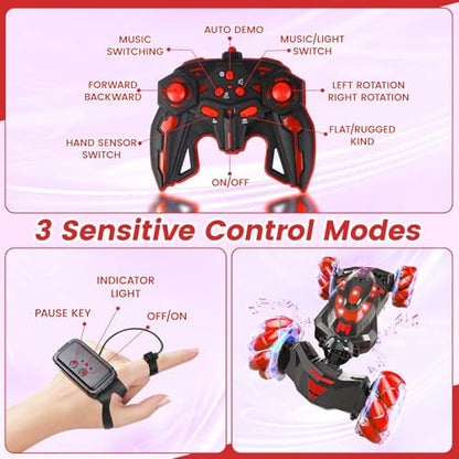 Gesture Sensing RC Stunt Car,Remote Control Car Toys for Ages 4-12 | Drift cars with Lights Music ,4WD 360° Spins All Terrains Kids Toys RC Cars, Best Birthday Gift for 4-12 Kids - color: Red