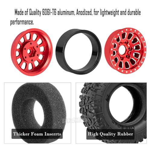 RC 1.3 in Wheel Tires for 1/18 TRX4M 1/24 SCX24 RC Crawler Car,Aluminum 1.3 Beadlock Wheel Rims and Rubber Tires w/Sponge,RC Truck Tires,Red - color: Red - (1.3 Tires)