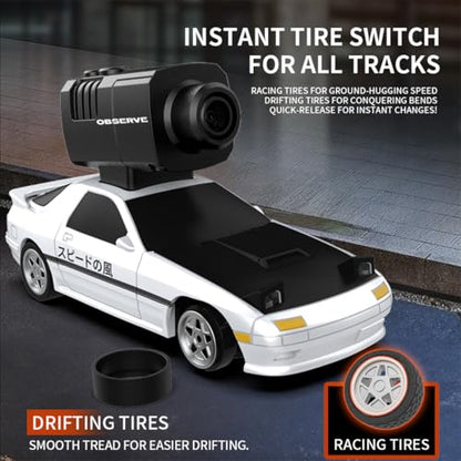 Mini 4WD RC Drift Car with Camera, Full Proportional High Speed Remote Control Vehicle, APP Controlled RC Racing Car with Gyroscope Drift System, LED Lights, Rechargeable Battery - color: White