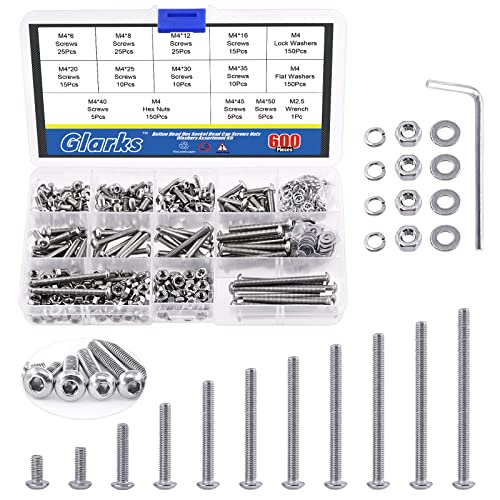 Glarks 601Pcs M4 Button Head Screws 304 Stainless Steel Hex Socket Cap Screws Bolts and Nuts Washers Assortment Kit with Hex Wrench for Machinery Furniture Car Repair - size: M4 screw assortment kit