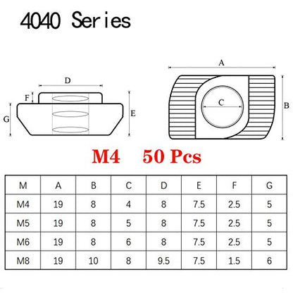 50pcs 4040 Series M4 Thread T Nuts Hammer Head Fastener Nut Sliding T-Nut,Nickel Plated Carbon Steel Nut for 40 Series Aluminum Extrusion Profile T Slot 8mm (4040 Series M4) - size: 4040 Series M4