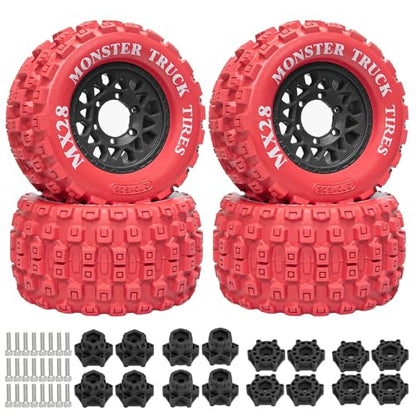 LRFHL MX28 F/R 2.8" RC Monster Truck Tires and Wheels 4PCS, Red | 12mm/14mm Hex Adapter, 1/10 RC Monster Truck, Compatible with Traxxas Stampede Rustler Redcat Arrma Vorteks Big Rock Granite - color: Red Tires+ Black Wheel-5