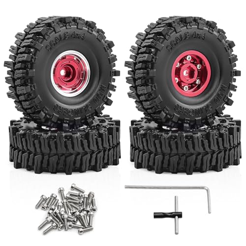 1.0" Beadlock Wheels and Tires for SCX24 TRX4M RC Crawle (Red) | 7mm Hex, Offset 0 mm, Soft Rubber Tires, 1/18 1/24 RC Crawler Upgrade Parts - color: Red 102