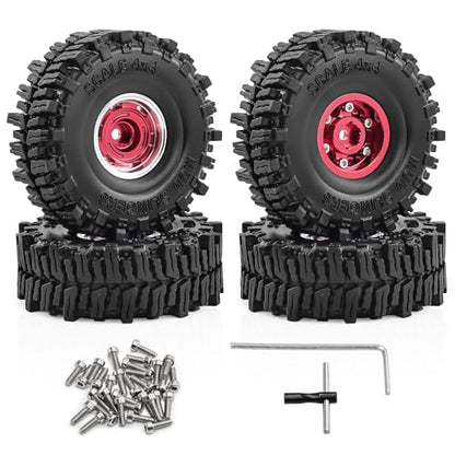 1.0" Beadlock Wheels and Tires for SCX24 TRX4M RC Crawle (Red) | 7mm Hex, Offset 0 mm, Soft Rubber Tires, 1/18 1/24 RC Crawler Upgrade Parts - color: Red 102