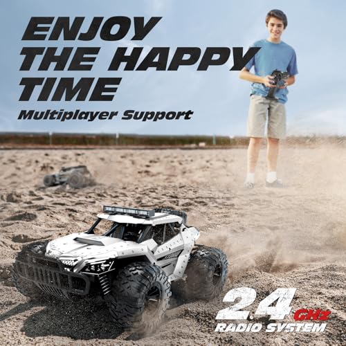 Tecnock RC Car 1/16 Scale Remote Control Car for Boys, High Speed 20 Km/h All Terrains Rc Monster Truck with Two Rechargeable Batteries & Head Chassis Lights Gift Toy for Kids Adults, Silver - color: Silver