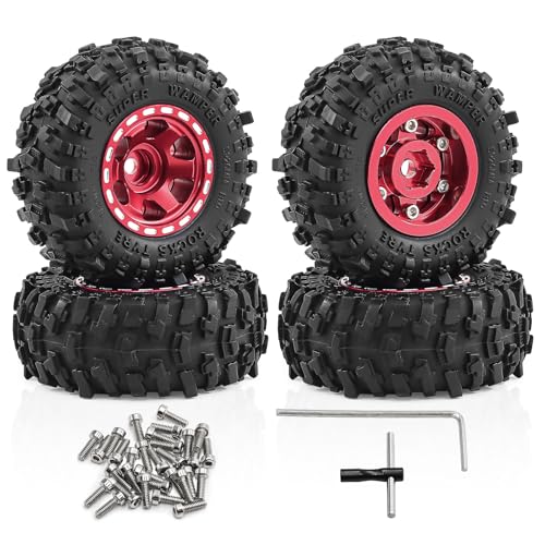 1.0" Beadlock Aluminum Wheels and 51mm Soft Rubber Tires | for SCX24, TRX4M, Ascent 18, FCX24, 1/18 1/24 RC Crawler, 7mm Hex, 0mm Offset, with Foam Inserts, (Red 101) - color: Red 101