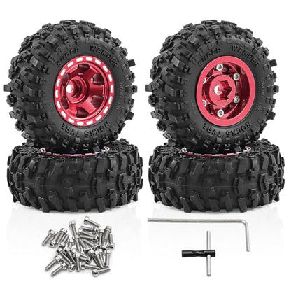 1.0" Beadlock Aluminum Wheels and 51mm Soft Rubber Tires | for SCX24, TRX4M, Ascent 18, FCX24, 1/18 1/24 RC Crawler, 7mm Hex, 0mm Offset, with Foam Inserts, (Red 101) - color: Red 101