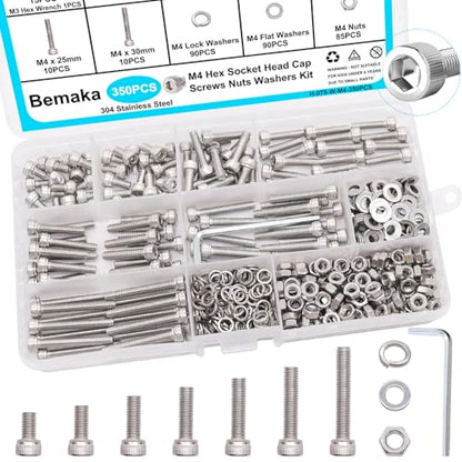 350PCS M4 Screw Kit, M4 x 6/8/12/16/20/25/30mm Hex Socket Head Cap Screws Bolts Nuts Washers Assortment Kit, 304 Stainless Steel Metric Bolts with Hex Wrench - size: SS M4 x 6/8/12/16/20/25/30mm, style: Socket Head