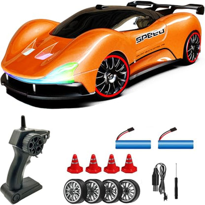 1:20 Scale Remote Control Drift Car 4WD 2.4GHz Racing Sport Toy RC Car with LED Lights, Racing and Drift Wheels (Orange) - color: Orange
