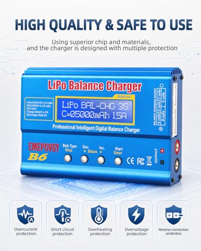 B6 Battery Balance Charger 2026 Upgraded 80W Discharger for NiMH/NiCd (1-15S) LiPo/Li-ion/Life Battery (1-6S) RC Hobby Batteries Balance Charger with AC Power Supply