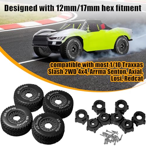 1/10 RC Short Course Truck Tire and Wheel - 12mm/17mm Hex, Black | All-Terrain Tires and Nylon Wheels Compatible with 1/10 Traxxas Slash 4WD 2WD Arrma Senton Axial Losi Redcat RC Buggy, 4-Pack - color: Black