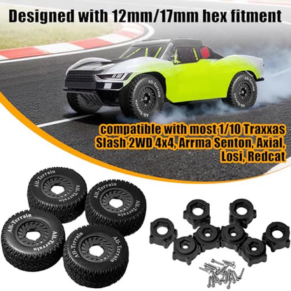 1/10 RC Short Course Truck Tire and Wheel - 12mm/17mm Hex, Black | All-Terrain Tires and Nylon Wheels Compatible with 1/10 Traxxas Slash 4WD 2WD Arrma Senton Axial Losi Redcat RC Buggy, 4-Pack - color: Black