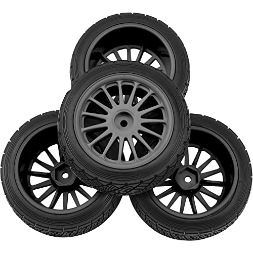 80mm/3.14" Rubber Tires & Plastic Wheel Rims 2.2 Inch 12mm Hex Hub Compatible with 1/10 HPI WR8 Off-Road Rally 1/14 WLtoys 124019 144001 1/16 Redcat Volcano RC Buggy (Black) - color: Black
