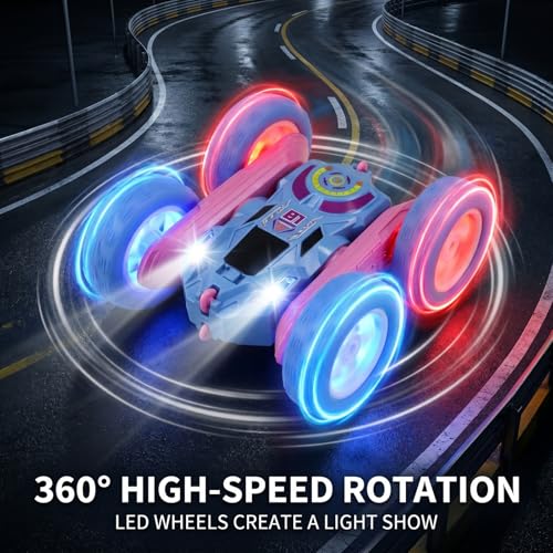 2.4GHz RC Stunt Car with LED Wheels 4WD Double Sided | Glowing LED Tires, 360° Spin & Rollover, 60 Min Total Play with 2 Batteries, USB-C Fast Charging, Gift for Holidays - color: Blue - Led Wheels