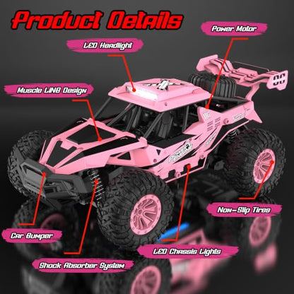 BLUEJAY Remote Control Car, 2.4GHz High Speed 33KM/H RC Cars Toys | 1:12 Monster RC Truck Off Road with LED Headlight and Rechargeable Battery Gifts for Adults Boys 8-12 - color: Pink