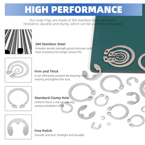 Glarks 302Pcs 304 Stainless Steel C-clip External Retaining Rings and E-clip Retaining Rings Assortment Set, 202Pcs 4MM-28MM Circlip Snap Retaining Clip and 100Pcs E-Ring Circlip Rings and A Tweezer