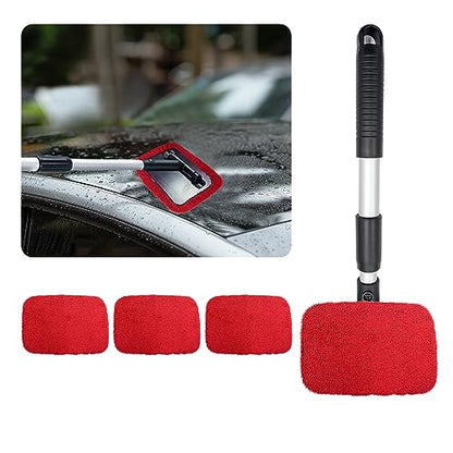 Ziciner Car Windshield Cleaner, Microfiber Auto Cleaning Wiper with Aluminum Extendable Handle and 2 Washable Reusable Cloth Pad Head, Universal Vehicle Interior Exterior Cleaner Kit (Red-Rectangle) - size: Red-Rectangle