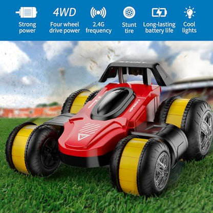 Remote Control Car RC Stunt Cars Toy Gifts - High-Speed Drift 360 Flips Four-Sided Driving Rotating Twist 4WD Offroad Vehicle for Kids Boy Girl Birthday Presents Ages 5 6 7 9 10 11 12 Years Old Red - color: Red