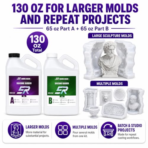 Silicone Mold Making Kit 130 oz, 15A Platinum Silicone Rubber | 1:1 platinum silicone with 30-minute work time, self-degassing flow and 4-hour initial cure for detailed DIY molds. - size: 130 OZ
