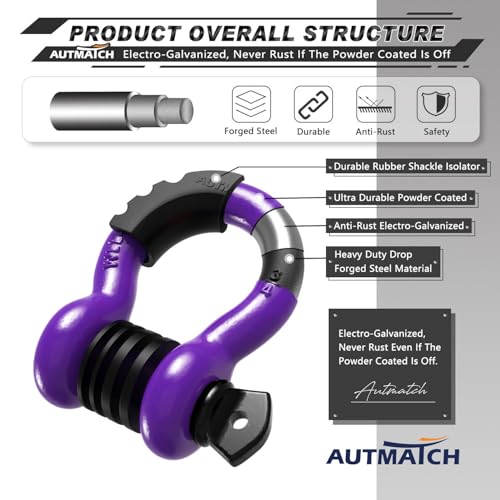 AUTMATCH 3/4" D Ring Shackles (2-Pack) - 41,887 lbs Break Strength | Clevis Shackle with 7/8" Pin & Isolator Washer Kit for Tow Strap, Winch, Towing & Off-Road Vehicle Recovery, Purple - color: Purple & Black