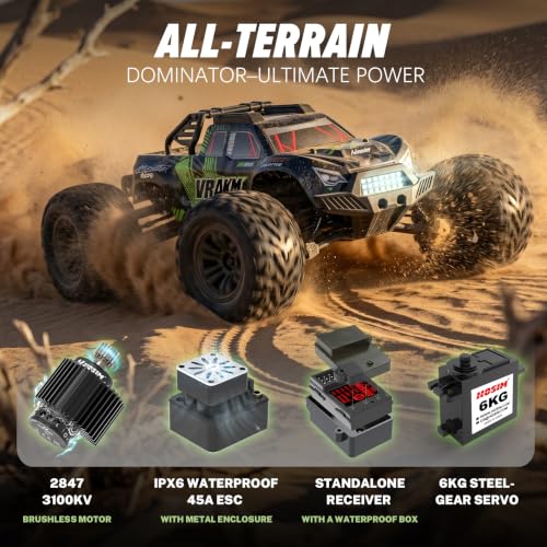 Hosim 1/10 Fast Brushless RC Cars for Adults & Boys 68+ KM/H | Off-Road 4X4 Remote Control Car, RTR Monster Truck, Waterproof All Terrain Hobby RC Truck Toy Gift with Two 2600mAh Lipo