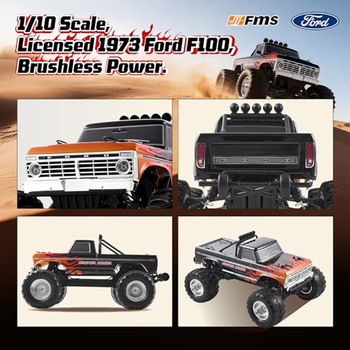 FMS 1/10 Ford F-100 Brushless RC Truck, 1973 Licensed RC Car for Adults, 55KM/H High Speed 2WD RC Crawler, Hobbywing 60A ESC & 3652 Motor, All-Metal Gears & Steel CVD Drive Shafts, RS (Black) - color: Flame Black