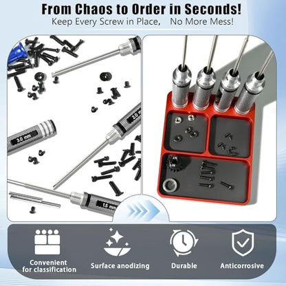 Magnet Tool Tray Aluminum Alloy Screw Tray with Tool Holder RC Parts Fixing for 1/10 RC Cars, Drones, Phone, Computer, Eyeglass, Electronic Multi-Compartment Anti-Loss Organizer Storage Box (Red - color: Red