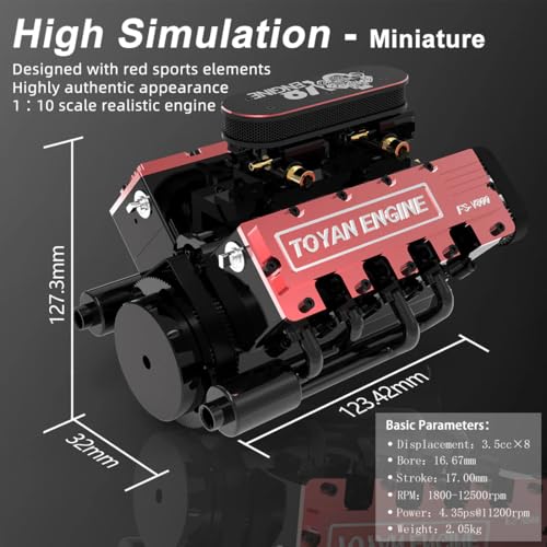 HOWIN FS-V800 1/10 Scale V8 Four-Stroke Nitro Engine Model – 28cc Eight-Cylinder Water-Cooled for RC Car & Boat, Metal Mechanical Simulation Engine (Finished Version)