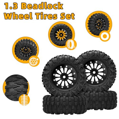 daitoku 1.3 Beadlock Wheels and Tires 1.3" Wheel Tires Set for 1/18 1/24 Trx4m SCX24 RC Crawler Car (4PCS) - Black - color: Black