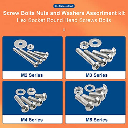 NINDEJIN Black & Silver Hex Socket Head Screws Bolts Nuts and Flat Washer Assortment Kit(Hex Socket Flat/Button/Cap Head) (580Pcs Hex Cap Head Socket Screws Nuts) | 304 Stainless Steel, Good Handling and High Toughness, Bolts, Nuts, for Home, Office Equip